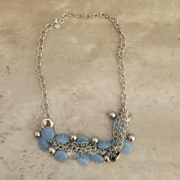 Talbots Statement Necklace Silver Tone Chain Blue Bead Disc Ball Charm Layered - Picture 1 of 7